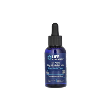 A blue bottle of Life Extension Fast-Acting Liquid Melatonin 59 ml Citrus-Vanilla Flavour, with a black dropper cap, is labeled as a liquid melatonin dietary supplement for optimal sleep.